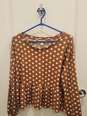 Joe Fresh x Jillian Harris Brown and White Polka Dot Knit Peplum Top Womens XL
